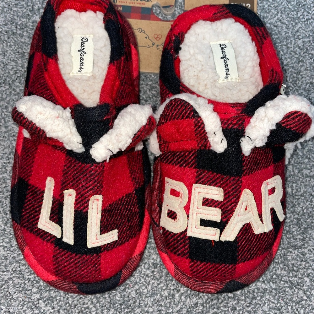 Brand New Kids 11-12 Lil Bear Dearfoams Slippers Buffalo Plaid Memory Foam
